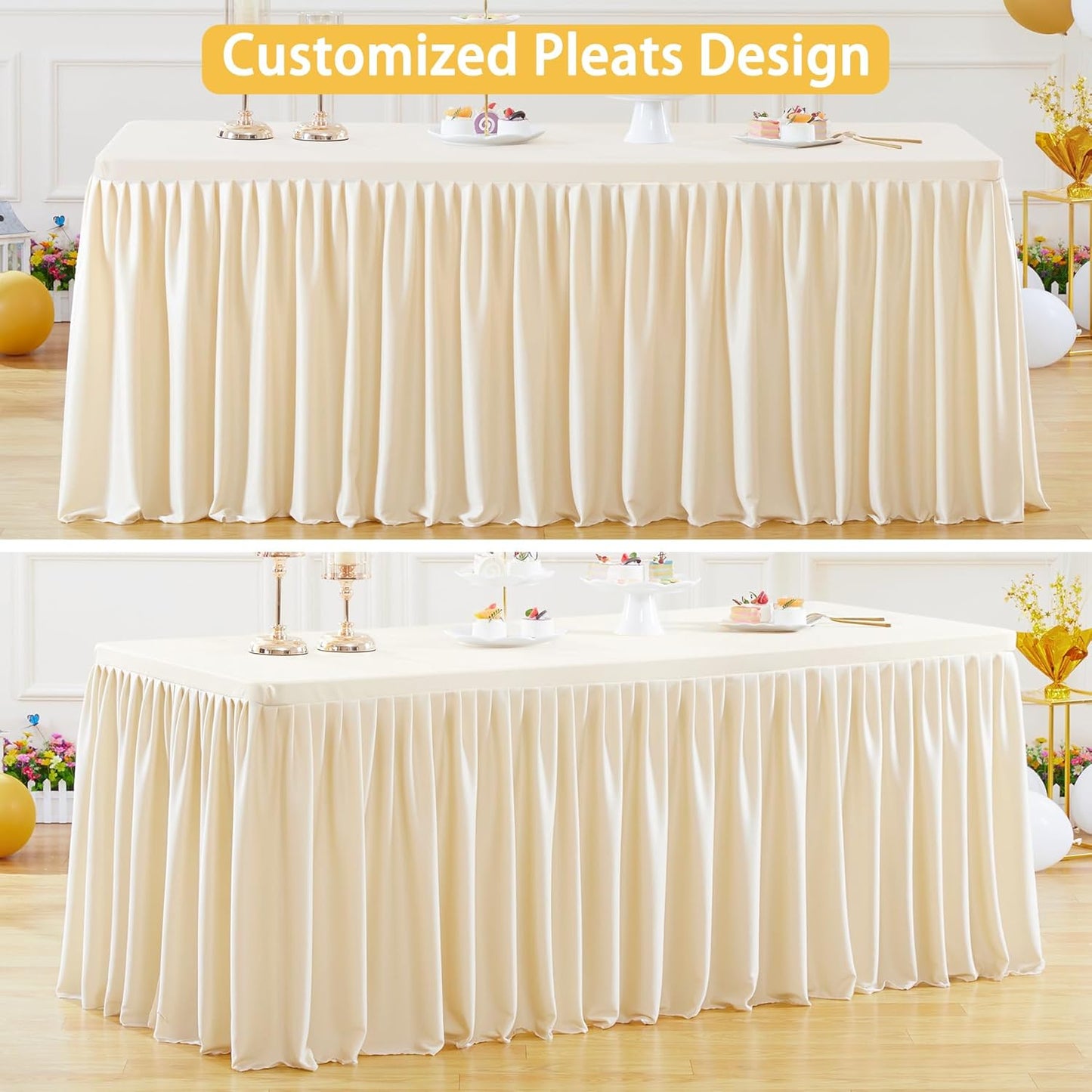 Light Champagne Polyester Table Clothes for 8 Foot Rectangle Tables, Wrinkle Free Fitted Table Cover with Pleated Ruffle Table Skirt for Birthday Party Wedding Trade Show Event Display