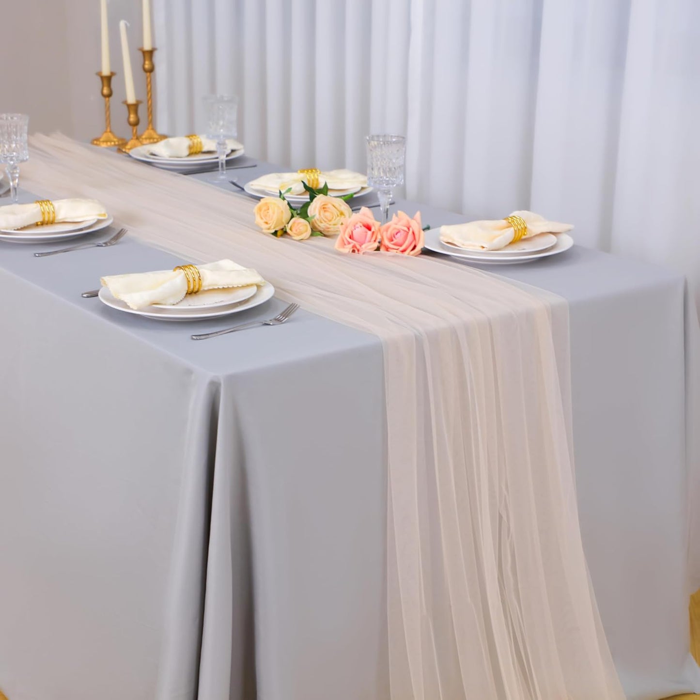 Snowkingdom Champagne Table Runner, 10 FT Sheer Tulle Cheesecloth Gauze, Boho Elegant Table Decoration for Home Party Wedding Birthday Baby Shower Christmas Holiday