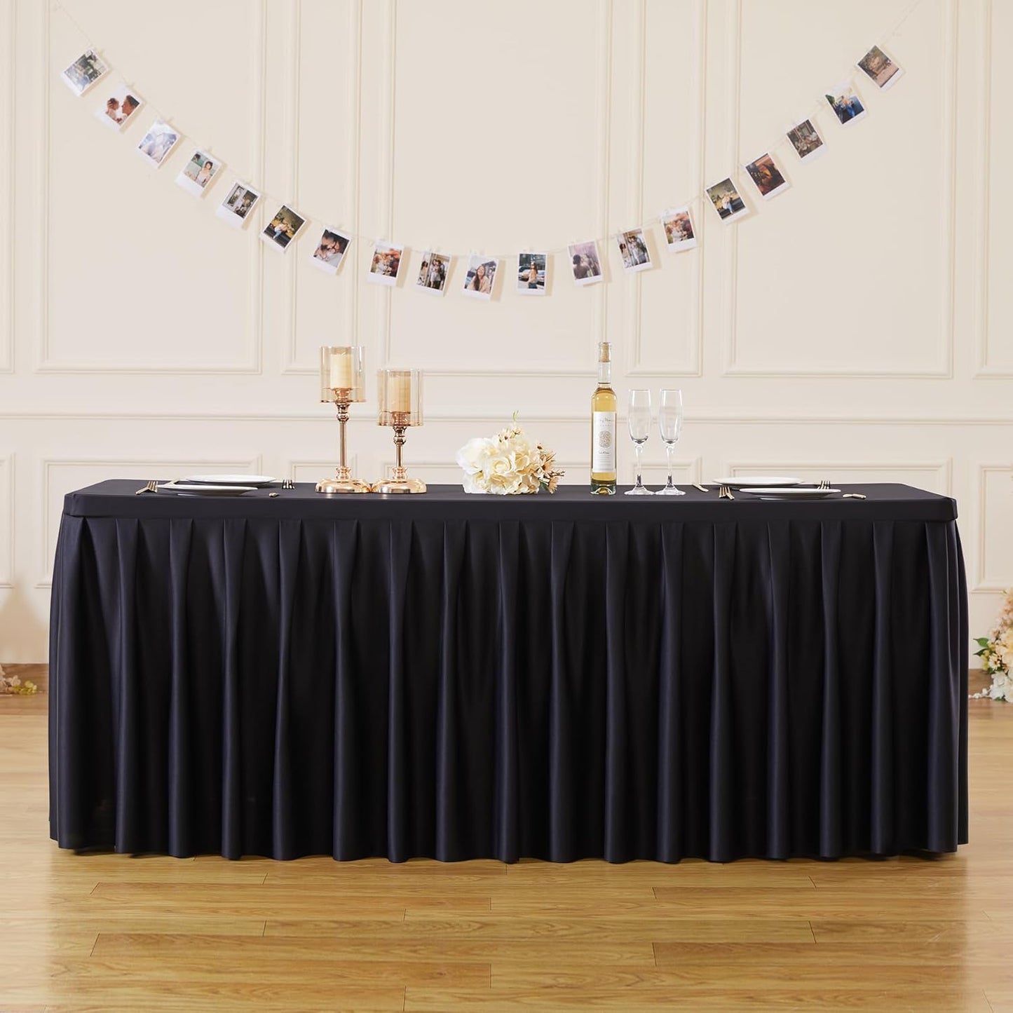 HB HBB MAGIC 6 Pack Black Tablecloths for 6 Foot Rectangle Tables, Elegant Pleated Table Skirt – Wrinkle Free Stretch Fitted Table Cover for Weddings, Banquets, Birthday Parties & Events