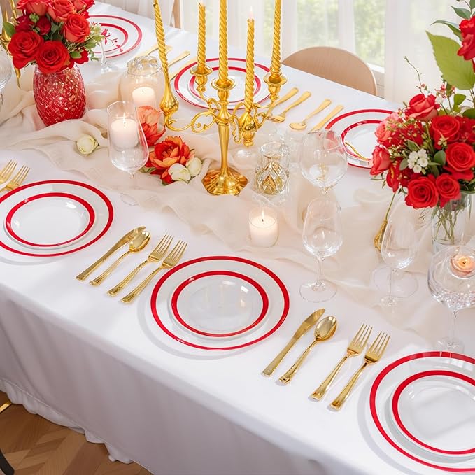 supernal 120pcs Clear and Red Plastic Plates Disposable Heavy Duty Fancy Unique Red Disposable Dinnerware Include Dinner and Dessert Size Perfect for Valentine's Day Party and Wedding