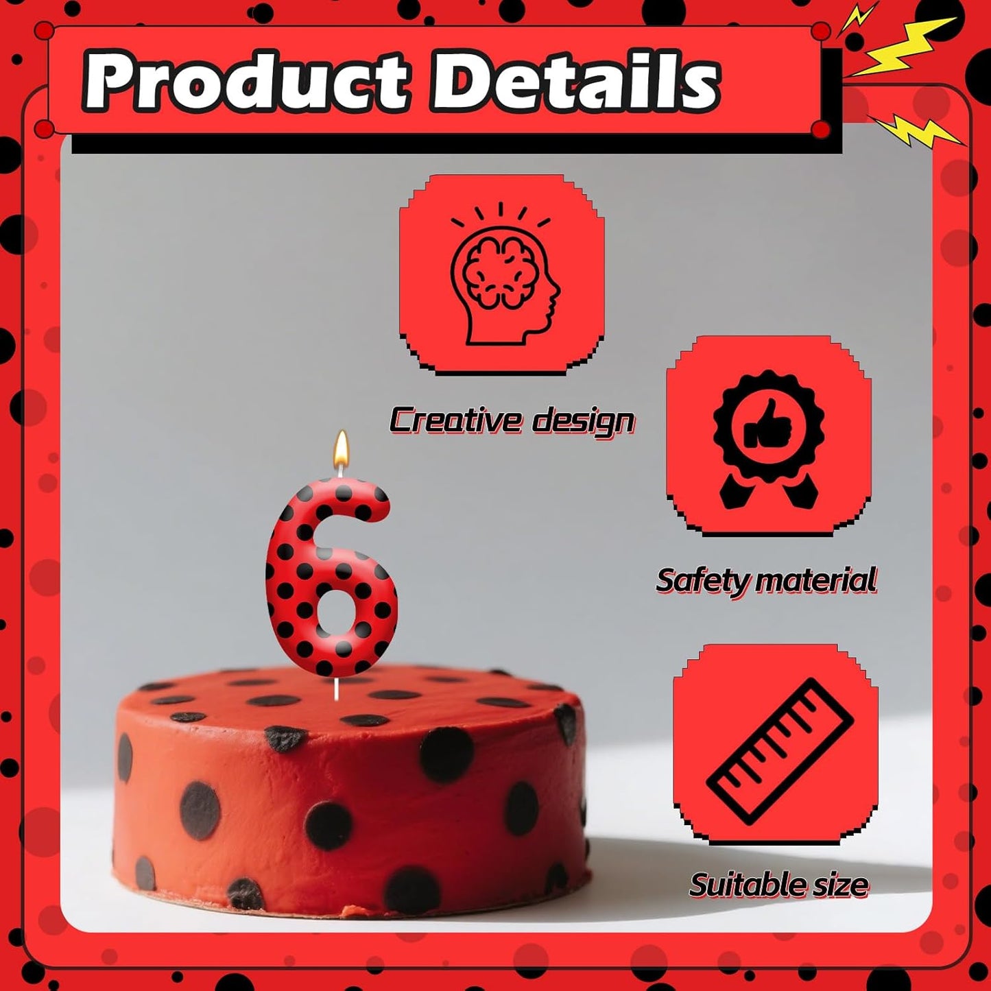 Ladybug Theme Birthday Candles - Red & Black Polka Dot Decorative Candles for Kids Ladybug Themed Parties, Baby Showers, Birthday Cakes, and Ladybird Inspired Celebrations(Number 6)
