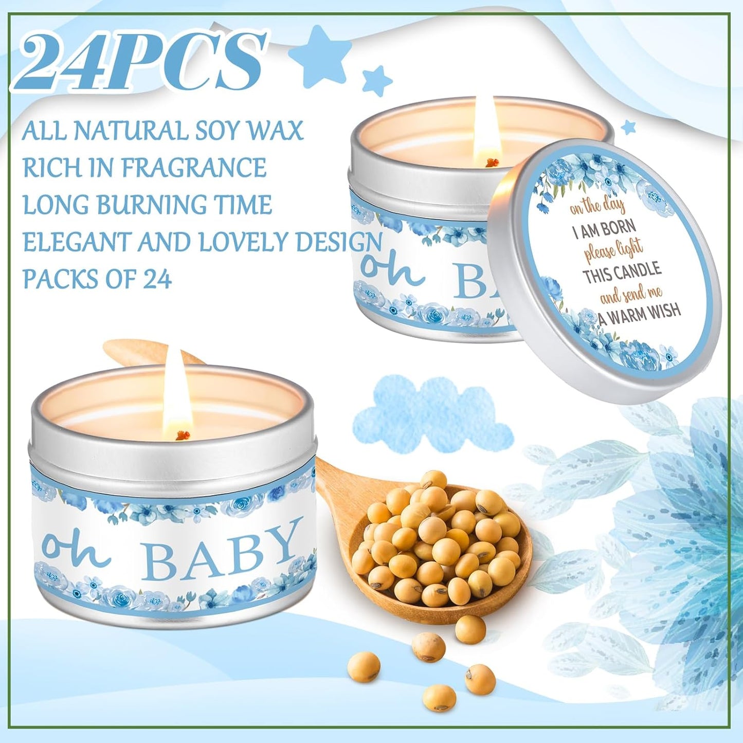 MTLEE 24 Pcs Flowers Baby Shower Party Favors Candles Lavender Scented Baby Shower Favors for Guests Rustic Tealights Candles Gender Reveal Return Gifts Girl Boy(1.2 Oz, Blue)