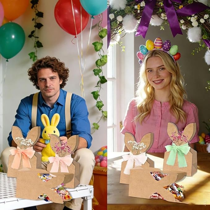 12 Set Boho Bow Easter Bunny Party Favor Bags, DIY Bunny Gift Boxes with Boho Neutral Bow Ribbon and Dried Flowers,Rustic Kraft Paper Rabbit Ears Treat Boxes Goodie Bags for Spring Holiday Decor(C)