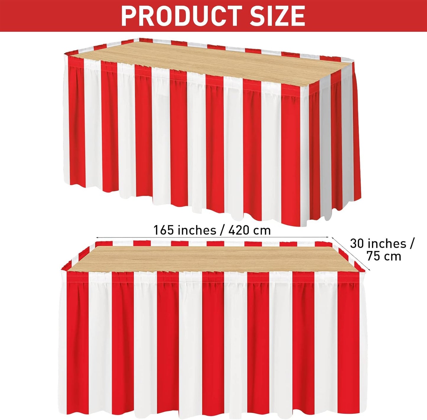 durony 6 Packs Red and White Striped Table Skirt Circus Theme Party Supplies Carnival Table Skirt for Carnival Home Party Decoration, 165 x 30 Inches
