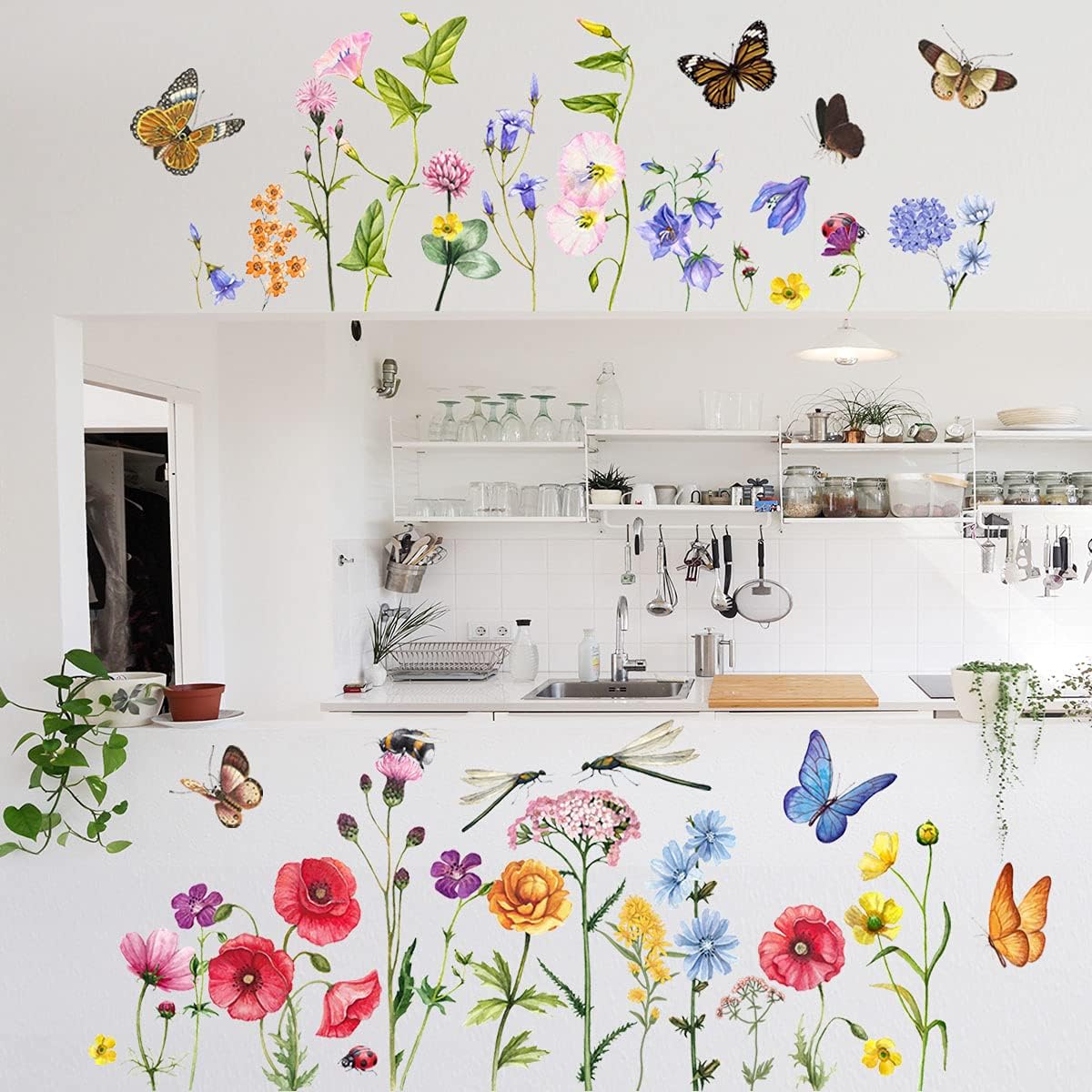 6 Pieces Flowers Wall Decals Vinyl Flowers Wall Stickers Removable Floral Murals Peel and Stick Colorful Flower Decor for Girls Bedroom Living Room Nursery (Butterfly and Dragonfly)