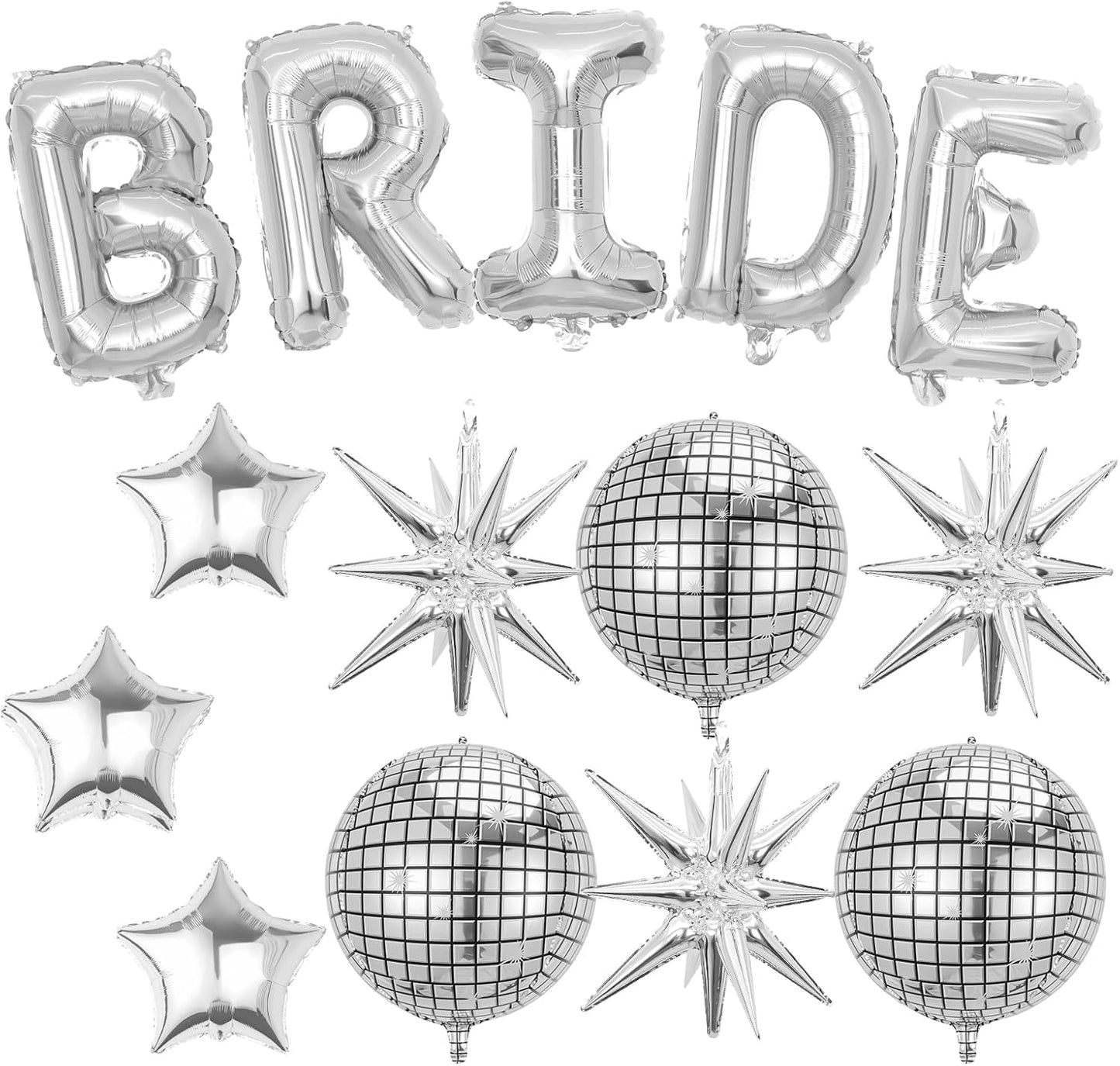 Silver Bride Balloons Bachelorette Party Decorations, 32in Silver Giant Bride Balloons with 4D Disco Ball Balloon and Star Foil Balloon for Bridal Shower Wedding Engagement Party Supplies