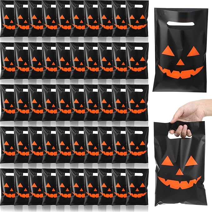 Supervitae 100 Pcs Halloween Treat Bags Plastic Pumpkin Party Favor Bags Bulk with Handles for Halloween Snacks Goodie Candy Treat Party Supplies, 9.84''x6.5''