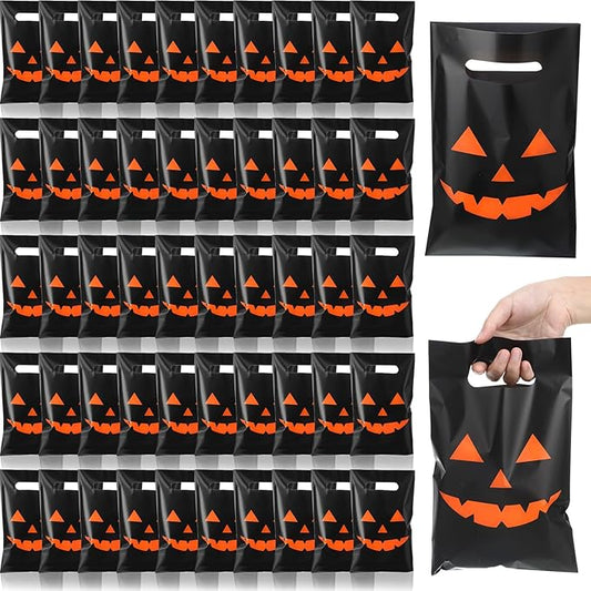 Supervitae 100 Pcs Halloween Treat Bags Plastic Pumpkin Party Favor Bags Bulk with Handles for Halloween Snacks Goodie Candy Treat Party Supplies, 9.84''x6.5''