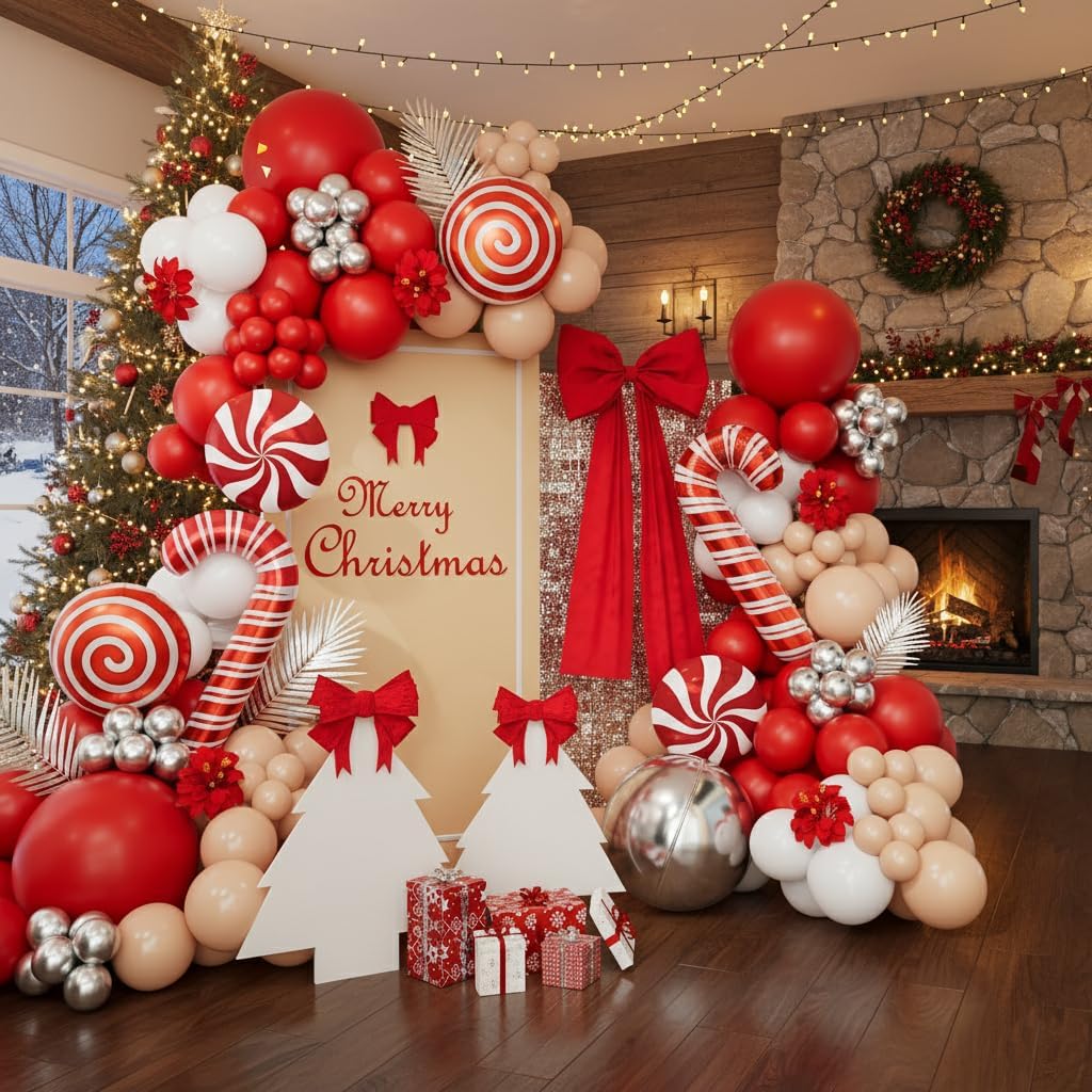 Christmas Balloon Garland Arch Kit, Red White Silver Apricot Balloons Candy Cane Foil Balloons Christmas Backdrop for Xmas Winter Holiday Party Decorations