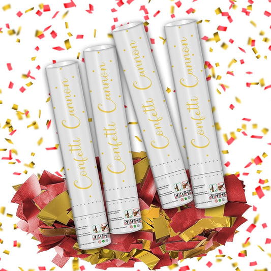 12" Red & Gold Confetti Cannons - Party Poppers for Wedding Birthday Graduation New Year Celebrations - Easy-to-Use - Pack of 4