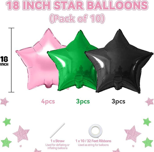Pink Green Black Star Foil Balloon, 10PCS Halloween Foil Stars Shape Balloons, 18 Inch Large Metallic Stars Balloons Pentagram Balloon for Birthday, Princess, Baby Shower, Witch Party Decorations