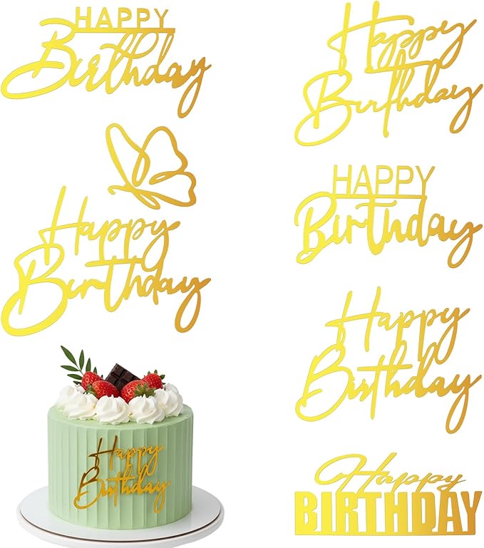 6 Pcs Happy Birthday Cake Toppers,6 Styles Gold Acrylic Happy Birthday Cake Topper Mirror Acrylic Birthdays Sign for Cakes Side Decoration Cakes Party Decorating Supplies