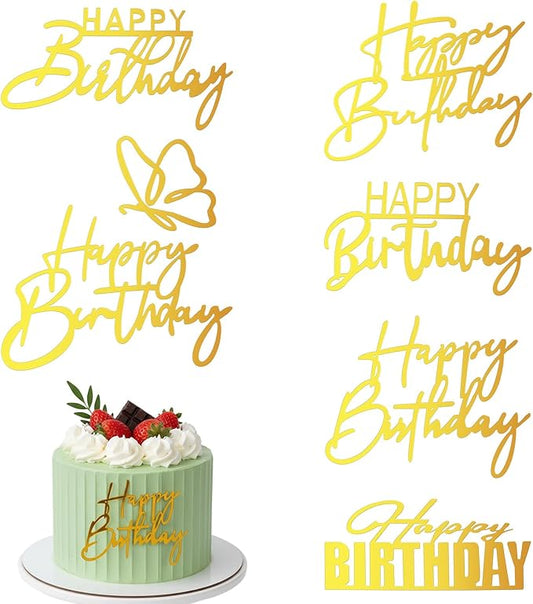 6 Pcs Happy Birthday Cake Toppers,6 Styles Gold Acrylic Happy Birthday Cake Topper Mirror Acrylic Birthdays Sign for Cakes Side Decoration Cakes Party Decorating Supplies