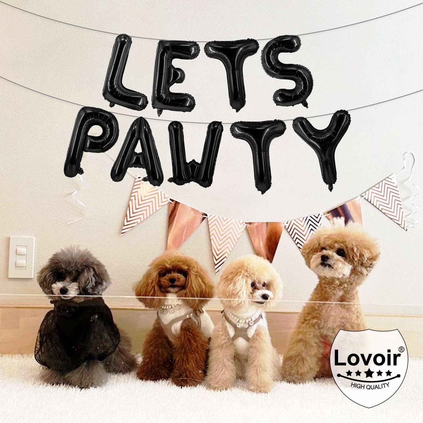 9 Pcs Lets Pawty Balloons Banner 16 Inch, Dog Cat Pet Birthday Letters Sign Lets Pawty Balloons Happy Birthday Banner for Pet Dog Cat Party Supplies Decorations (Black)