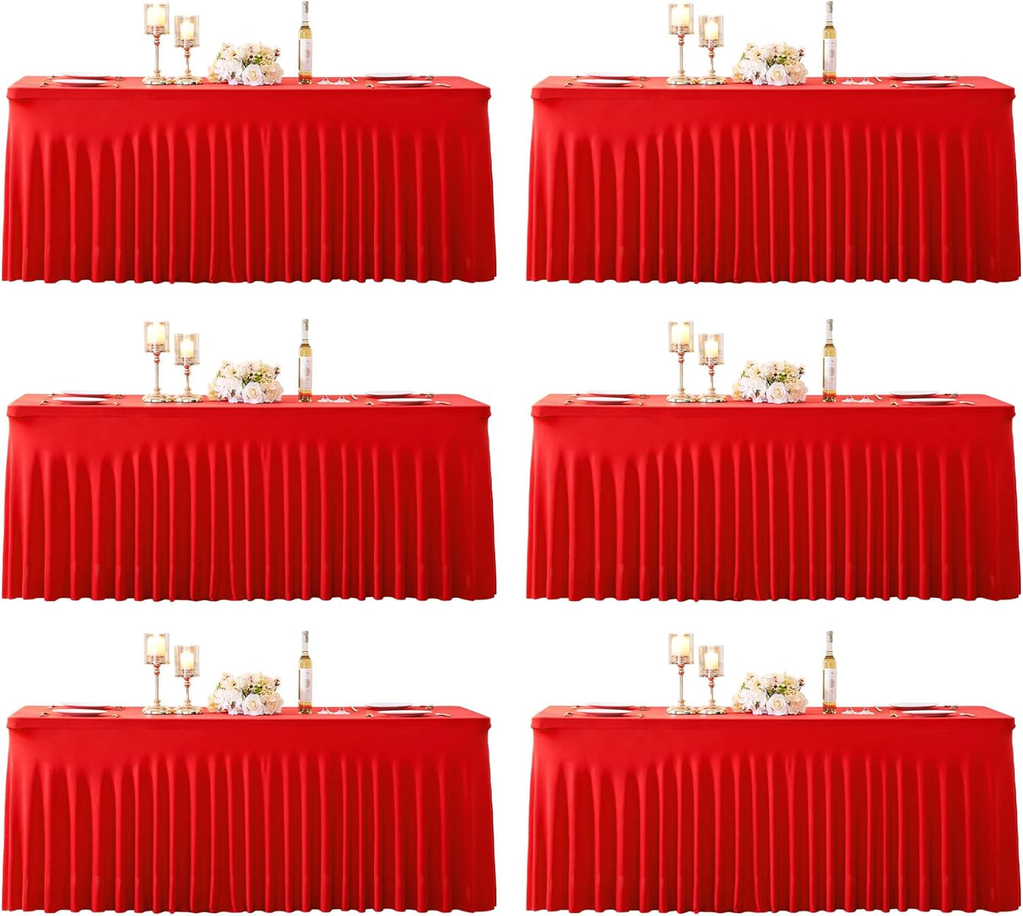 6 Pack 8ft Red Spandex Table Cloths for Rectangle Tables Wrinkle Free Red Tablecloths Rectangle Stretch Fitted 6 Foot Table Cover with Skirt for Birthday Party Baby Shower Wedding Banquet Buffet