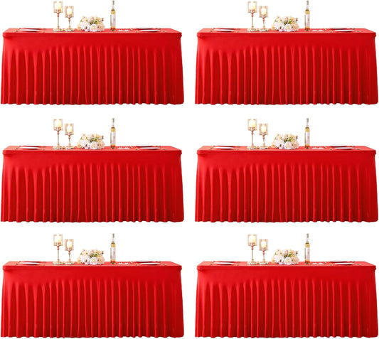 6 Pack 8ft Red Spandex Table Cloths for Rectangle Tables Wrinkle Free Red Tablecloths Rectangle Stretch Fitted 6 Foot Table Cover with Skirt for Birthday Party Baby Shower Wedding Banquet Buffet