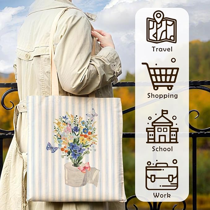 Blue Preppy Floral Aesthetic Tote Bag for Women,Printed Canvas Tote Bag for Girls,Blue Striped Watercolour Aesthetic Reusable Shopping Grocery Bags Party Favors