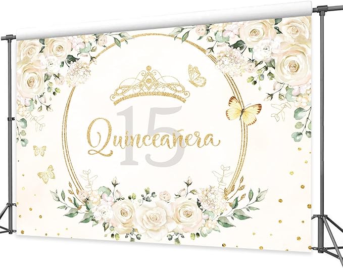 Homewelle Quinceañera Backdrop 7Wx5H Feet Polyester Fabric Mis Quince 15 Anos Birthday Party Decorations Supplies for Girl Princess White Floral Gold Crown Butterfly Photography Background Props