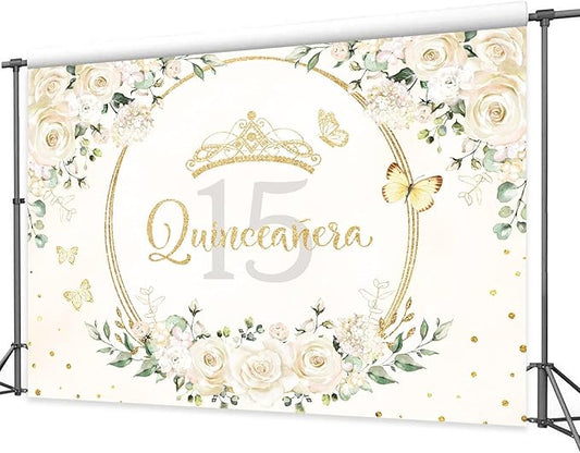 Homewelle Quinceañera Backdrop 7Wx5H Feet Polyester Fabric Mis Quince 15 Anos Birthday Party Decorations Supplies for Girl Princess White Floral Gold Crown Butterfly Photography Background Props