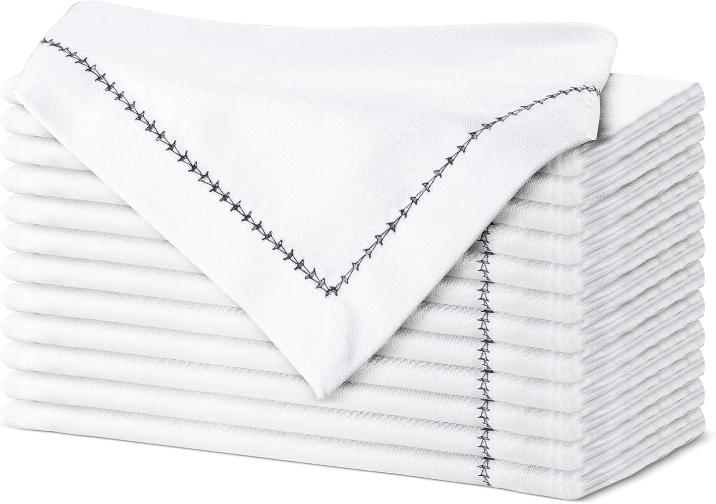 Urban Villa Cloth Napkin Set of 12 Hemstitch White Black 20x20 Inches Premium Soft Cotton Highly Absorbent Reusable & Washable Dinner Table Napkins for Home and Weddings