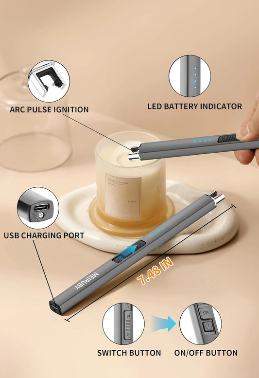 MEIRUBY 2 Pack Electric Candle Lighter, Christmas Stocking Stuffers Gifts for Women Mom Men Wife Sister, USB Arc Rechargeable Windproof Long Lighter for Candle BBQ Housewarming Birthday Gifts Idals