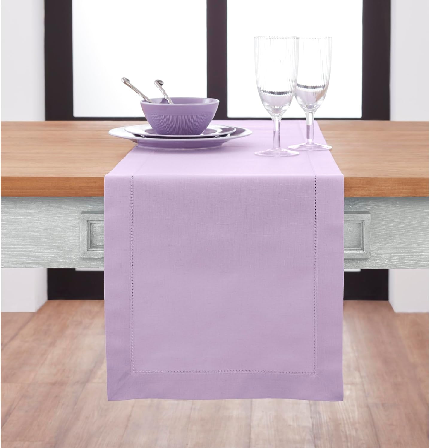 Solino Home Table Runner 90 Inches Long - Cotton Linen Hemstitch Lavender Ice Table Runner 14 x 90 Inch