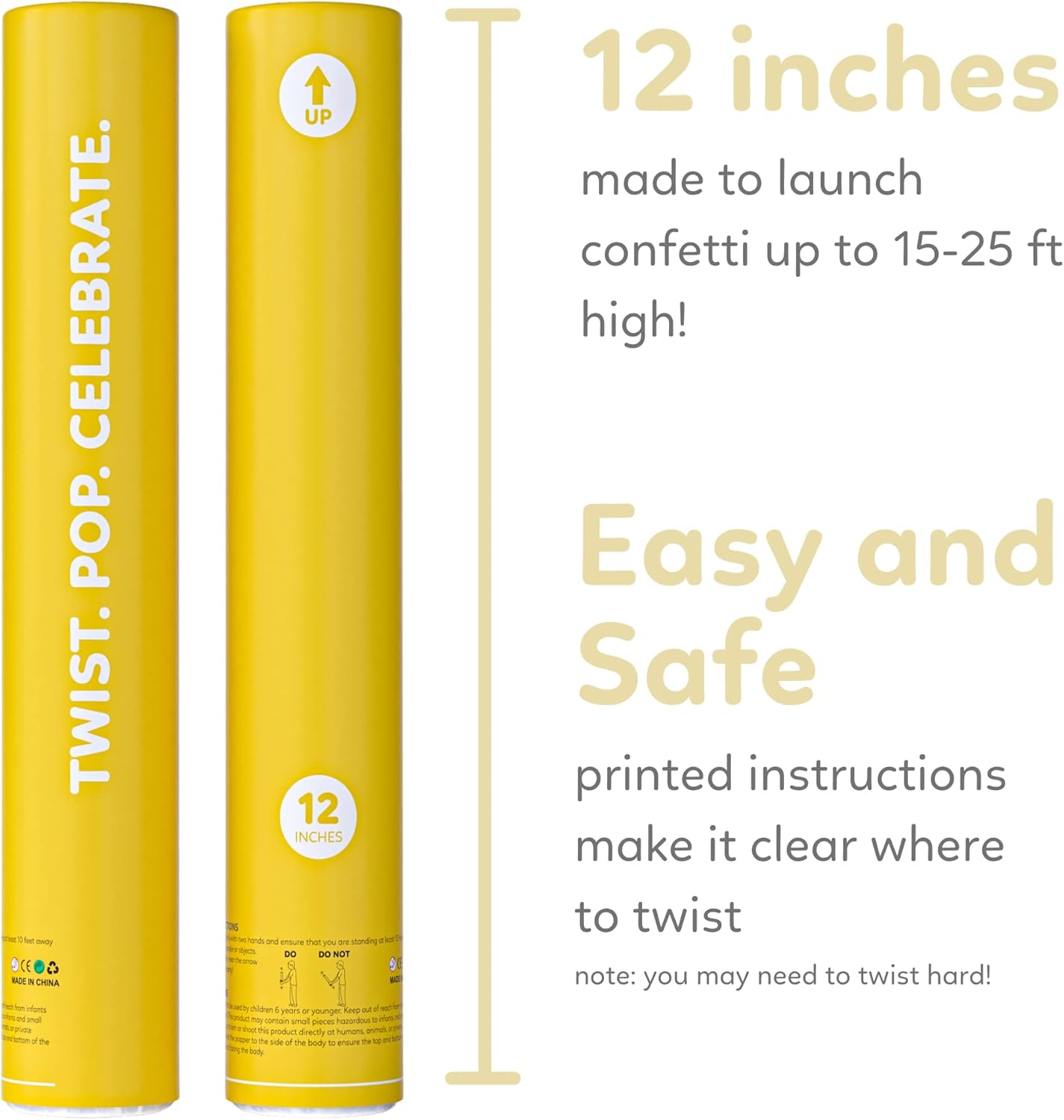 2 Pack Confetti Cannon Confetti Poppers | Biodegradable Yellow Confetti | TUR Party Supplies | Launches Up to 25ft | Giant (12 in) | Party Poppers for Graduation, Birthdays, Weddings, and Memorial Day