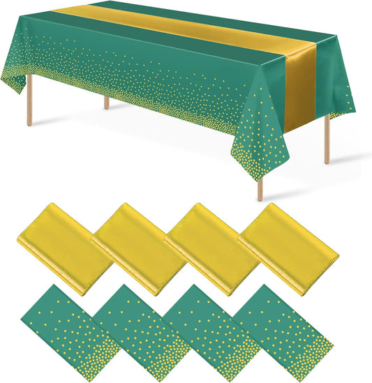 8Pack Disposable Plastic Party Tablecloths and Satin Table Runner Set Green and Gold Dot Table Cloth Gold Satin Table Runner for Wedding Birthday Baby Shower Anniversary Holiday Party Decorations