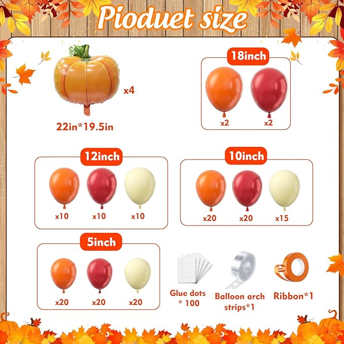 Fall Balloon Arch Garland Kit 153pcs with Pumpkins, Thanksgiving Balloons Arch Kit Burnt Orange Burgundy Yellow Balloons Different Sizes for Little Pumpkin Birthday Baby Shower Decoration