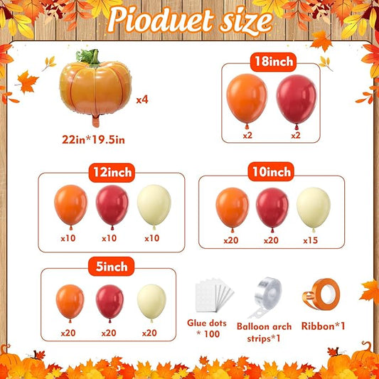 Fall Balloon Arch Garland Kit 153pcs with Pumpkins, Thanksgiving Balloons Arch Kit Burnt Orange Burgundy Yellow Balloons Different Sizes for Little Pumpkin Birthday Baby Shower Decoration