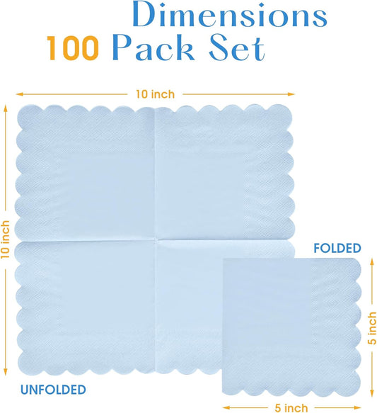 100 Pack Cocktail Napkins, 3-Ply Scalloped Edged Wedding Napkins Folded 5 x 5 Inches Dessert Napkins, Disposable Napkins for Dinner Birthday Party Bridal Anniversary Baby Shower Reception (Light Blue)