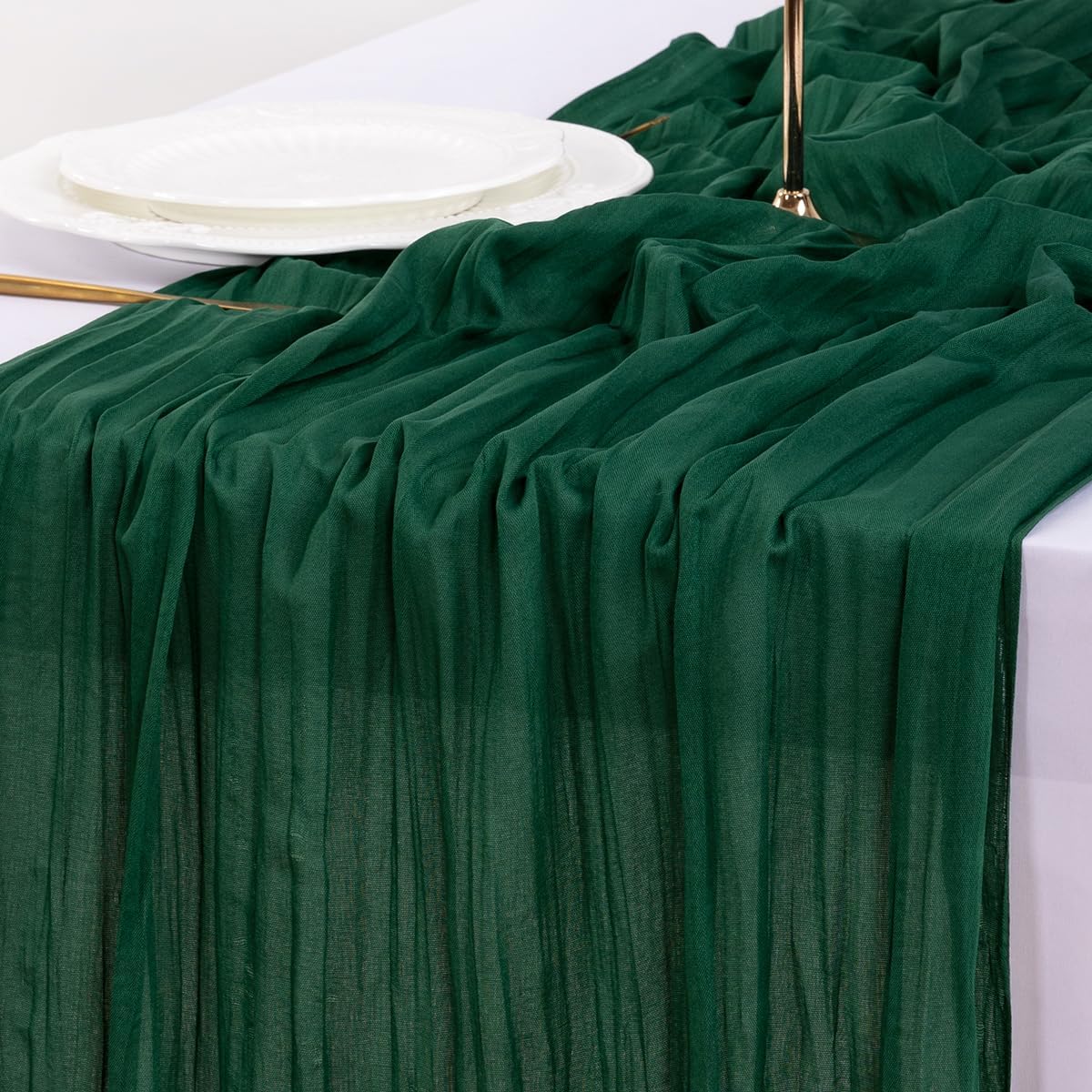 Socomi 10pcs Emerald Green Cheesecloth Table Runner Fall Thanksgiving Boho Rustic Gauze 120 inch 10FT Cheese Cloth Runner for Wedding Party Baby Shower Birthday Home Decor Holiday Decorations
