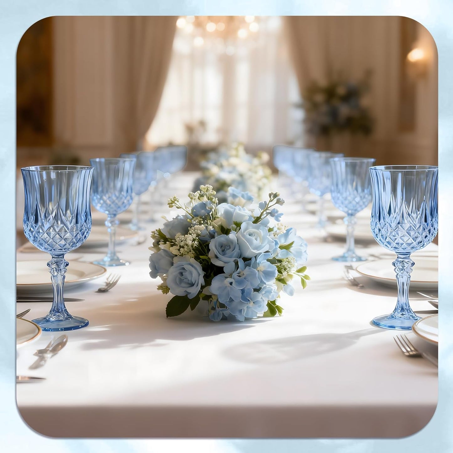12PCS 7OZ Blue Wine Plastic Glasses, Drinking Champagne Glasses Flutes Crystal Vintage Water Unbreakable Goblets for Wedding, Parties
