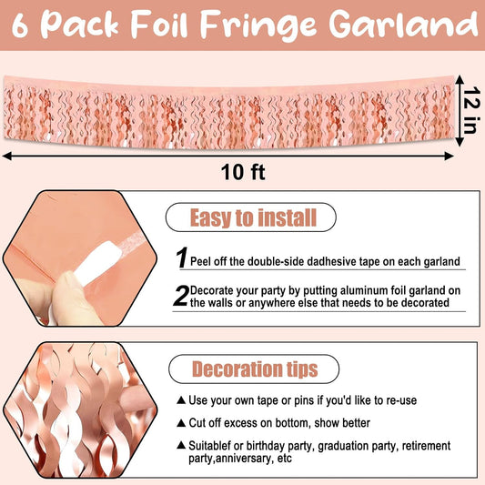 6 Pack 10 Feet Rose Gold Wave Foil Fringe Garland Metallic Tinsel Streamers Banner Wall Hanging Curtain Backdrop for Parade Floats, Mother's Day, Easter, Wedding, Birthday Party Decoration