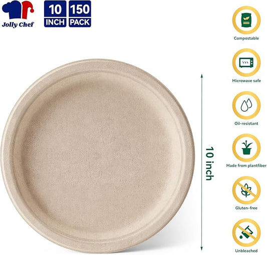 JOLLY CHEF Compostable Heavy Duty Plates 𝟭𝟬 𝗜𝗻𝗰𝗵 [𝟭𝟱𝟬 𝗣𝗮𝗰𝗸] Eco-Friendly Disposable Natural Paper Plates Bagasse Biodegradable Bulk for Party Dinner Thanksgiving Day (Brown)