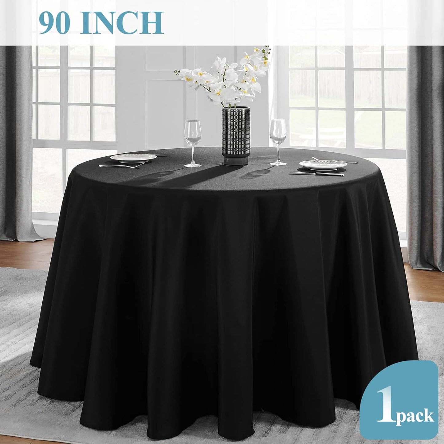 VidaFete 90inch Round Tablecloth Polyester Table Cloth，Stain Resistant and Wrinkle Polyester Dining Table Cover for Kitchen Dinning Party Wedding Rectangular Tabletop Buffet Decoration(Black)