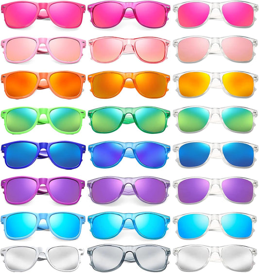 SUNOVELTIES 12/24 Pack Neon Party Sunglasses Mirrored/Jelly Lens Bulk Glasses Horn Rimmed Eyewear for Men Women