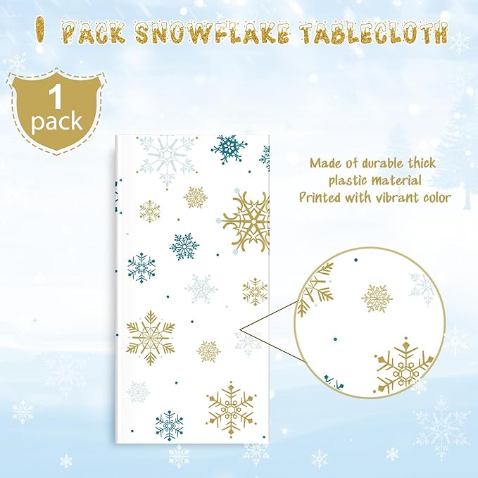 1Pcs Snowflake Plastic Tablecloth Christmas Snowflake Disposable Table Cloth White Blue and Gold Winter Wonderland Table Cover for Winter Holiday Christmas Birthday Party Decorations,54x108 Inch