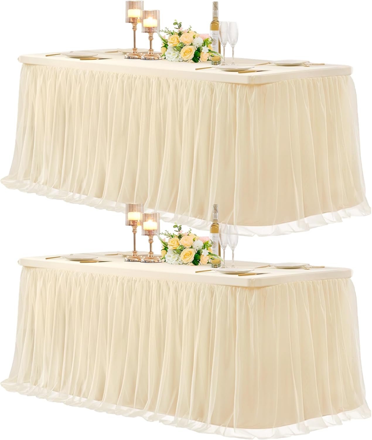 2 Pack 8ft Champagne Tulle Tablecloths for Rectangle Tables, 8 Foot Champagne Rectangular Table Cloth, Wrinkle Free Table Cover with Tutu Skirt for Wedding Birthday Party Banquet Buffet Bridal Shower