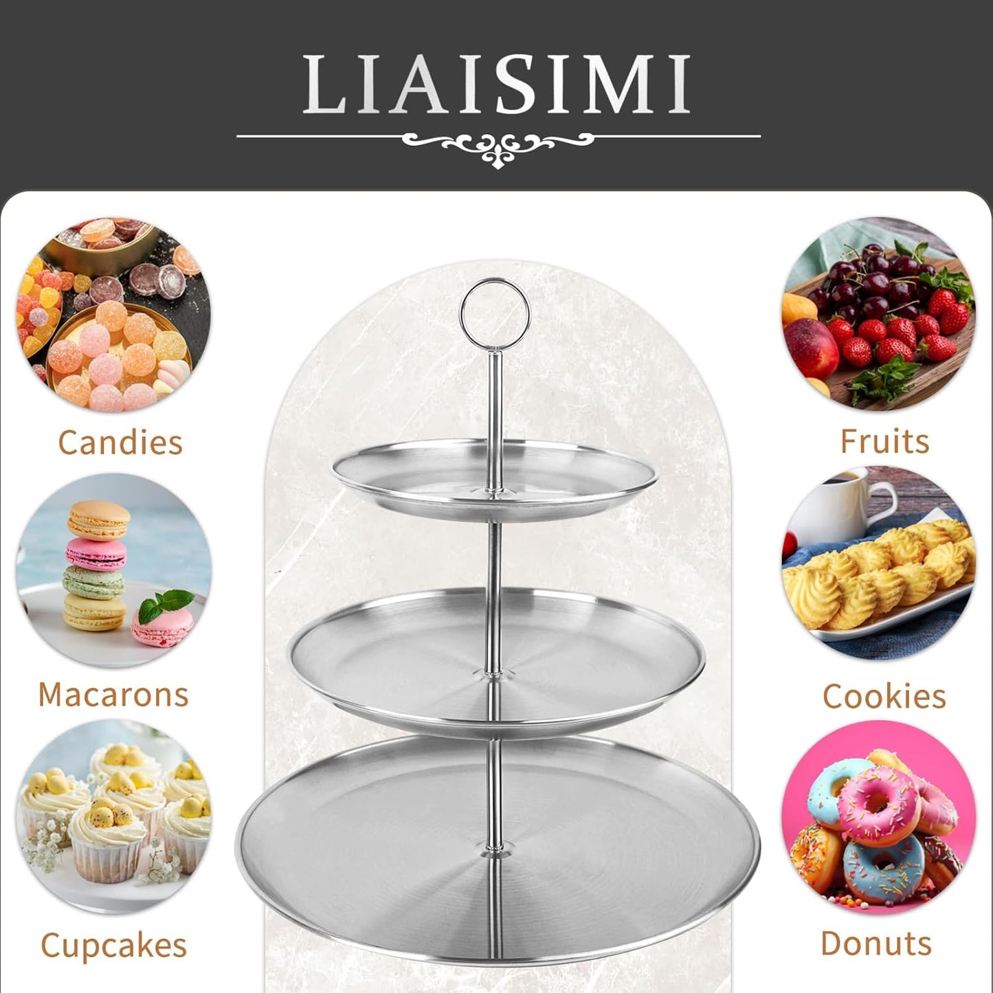 3 Tier Silver Cupcake Stand Stainless Steel Dessert Display Rack with Removable Tiered Tray for Parties,Weddings,Birthdays,Decorations,Any Festivals and Festivities(Stainless Steel Pole)