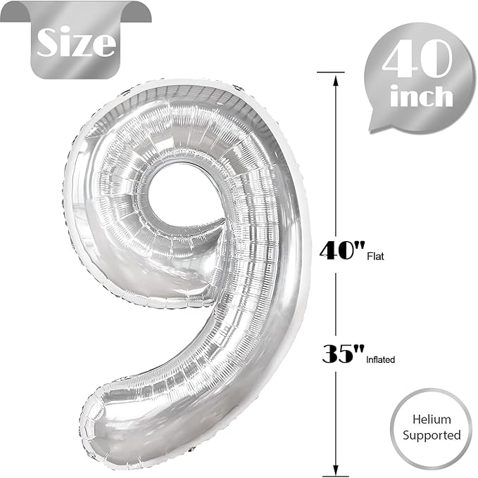 Silver 9 Balloon, Number Balloons 40 Inch, 9th Giant Birthday Decorations for Boys Girls, 19th 29th Silver Party Decorations Supplies, Number 9 Balloon