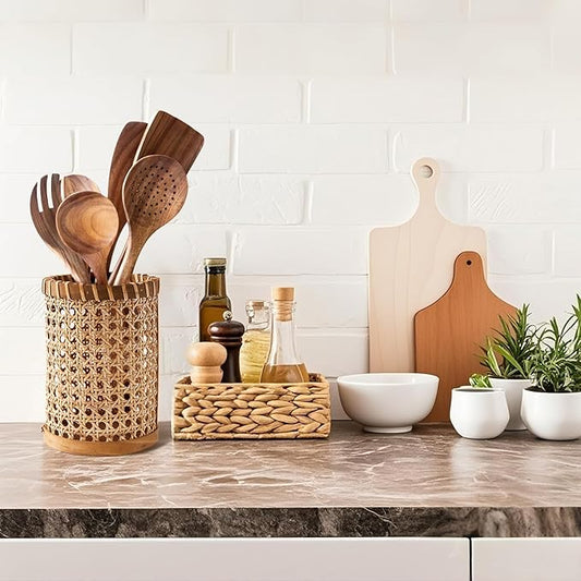 Boho Utensil Holder - Handwoven Rattan Utensil Holder for Kitchen and Countertop | Natural Woven Organizer for Rustic Kitchen Decor, Boho Basket for Cooking Tools and Tabletop Storage