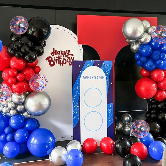 Red Black Blue Silver Balloons Garland Arch Kit, 167Pcs Latex Balloons Different Sizes 18 12 10 5 inch for Birthday Graduation Baby Shower Spider Theme Party Decorations