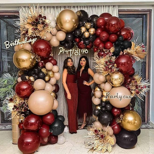 Burgundy Black Balloon Arch Kit Double Stuffed Nude Maroon Metallic Wine Red Apricot Balloon Garland with Gold Latex for Birthday Anniversary Wedding Bridal Graduation Mother's Day Party Decoration