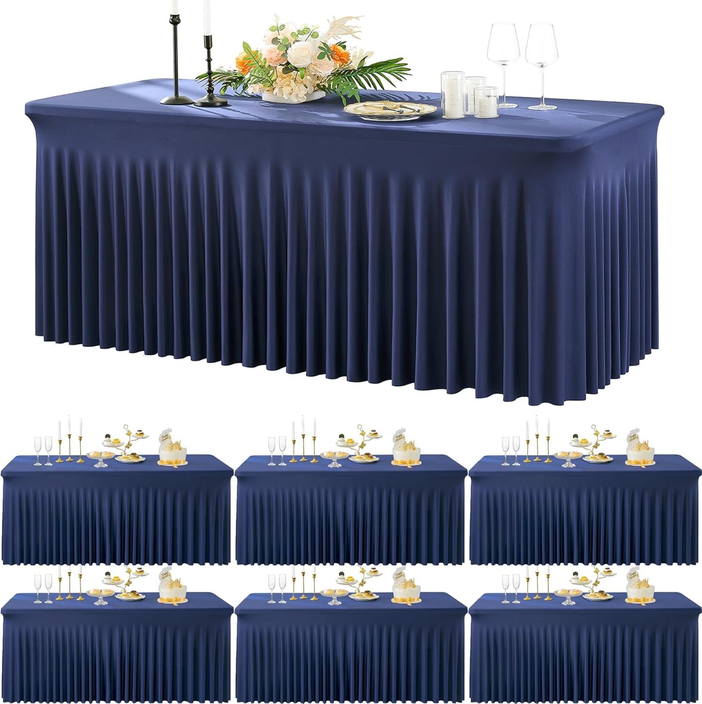 6 Pack Spandex Navy Blue Tablecloths for 6 Foot Rectangle Tables, Wrinkle Free Fitted Table Cloth 6ft Stretchy Table Skirt Cover for Parties Weddings Birthday Banquet Baby Shower