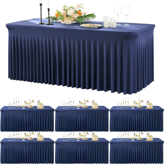 6 Pack Spandex Navy Blue Tablecloths for 6 Foot Rectangle Tables, Wrinkle Free Fitted Table Cloth 6ft Stretchy Table Skirt Cover for Parties Weddings Birthday Banquet Baby Shower