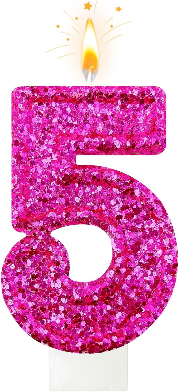 Zailo Birthday Number Candles, Glitter Number Candle Cake Decorations with Sequins, Cupcake Decorations for Girls, Women, Party Anniversary Celebrations (Number 5, Bright red)