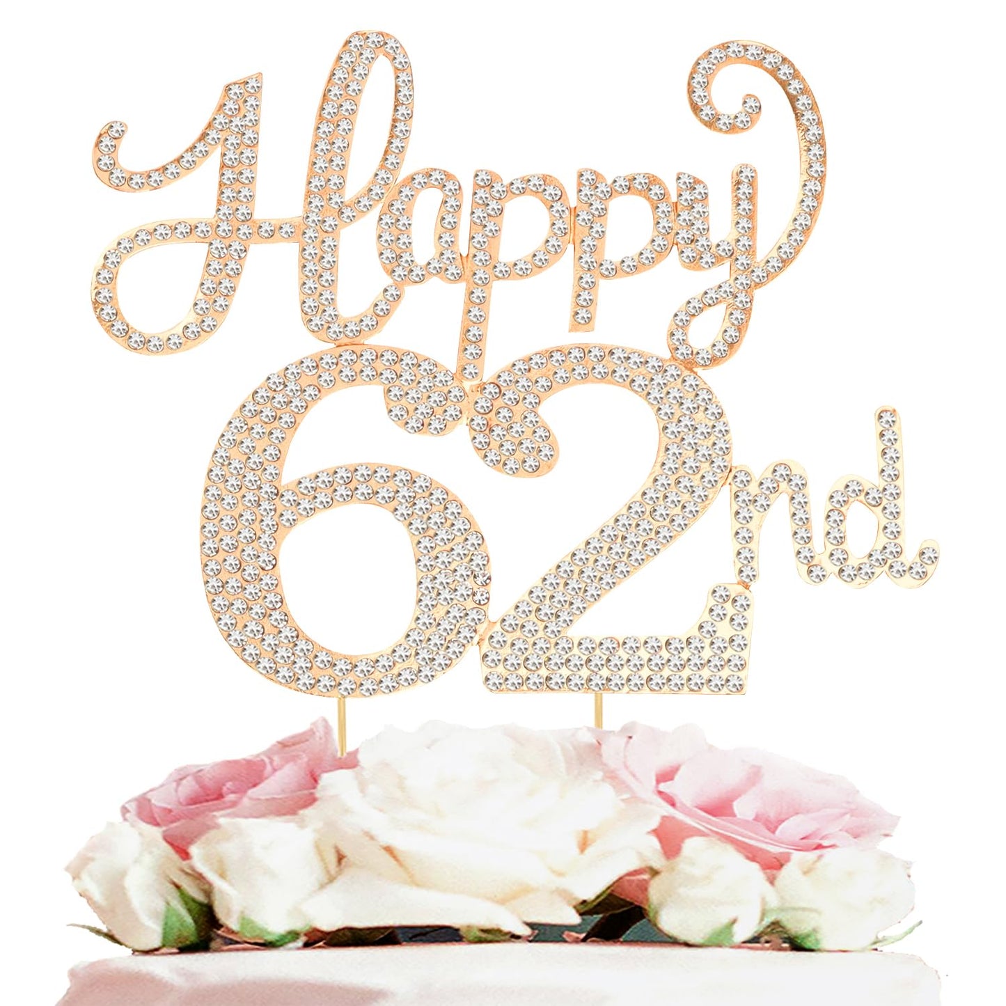Happy 62nd Birthday Decorations,62nd Birthday Gold Rhinestone Cake Topper - Cheers to 62 Years Old Bday Party Metal Sparkly Cake Centerpieces Sign.