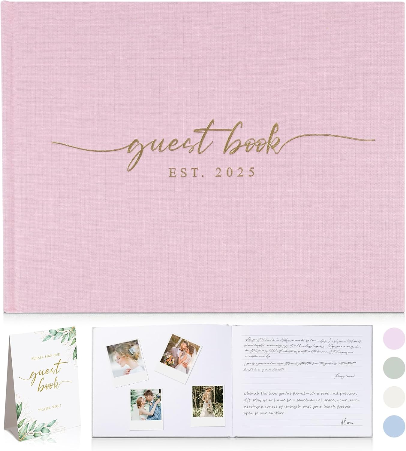 Wedding Guest Book with Personalized 2025 Year - Linen Photo Guest Book for Wedding Reception Bridal Shower Guests to Sign - 100 Pages Blank and Lined Acid Free Paper (Pink,)