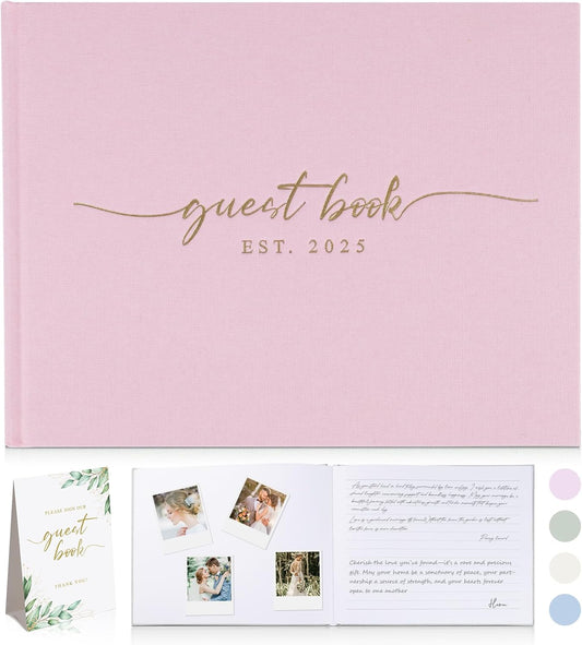 Wedding Guest Book with Personalized 2025 Year - Linen Photo Guest Book for Wedding Reception Bridal Shower Guests to Sign - 100 Pages Blank and Lined Acid Free Paper (Pink,)
